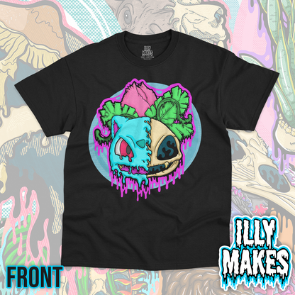 Black unisex tee featuring the Drippy Ivysaur Skull design by Illymakes, with a plant creature skull, leafy details, a flower bud, and bold dripping accents.