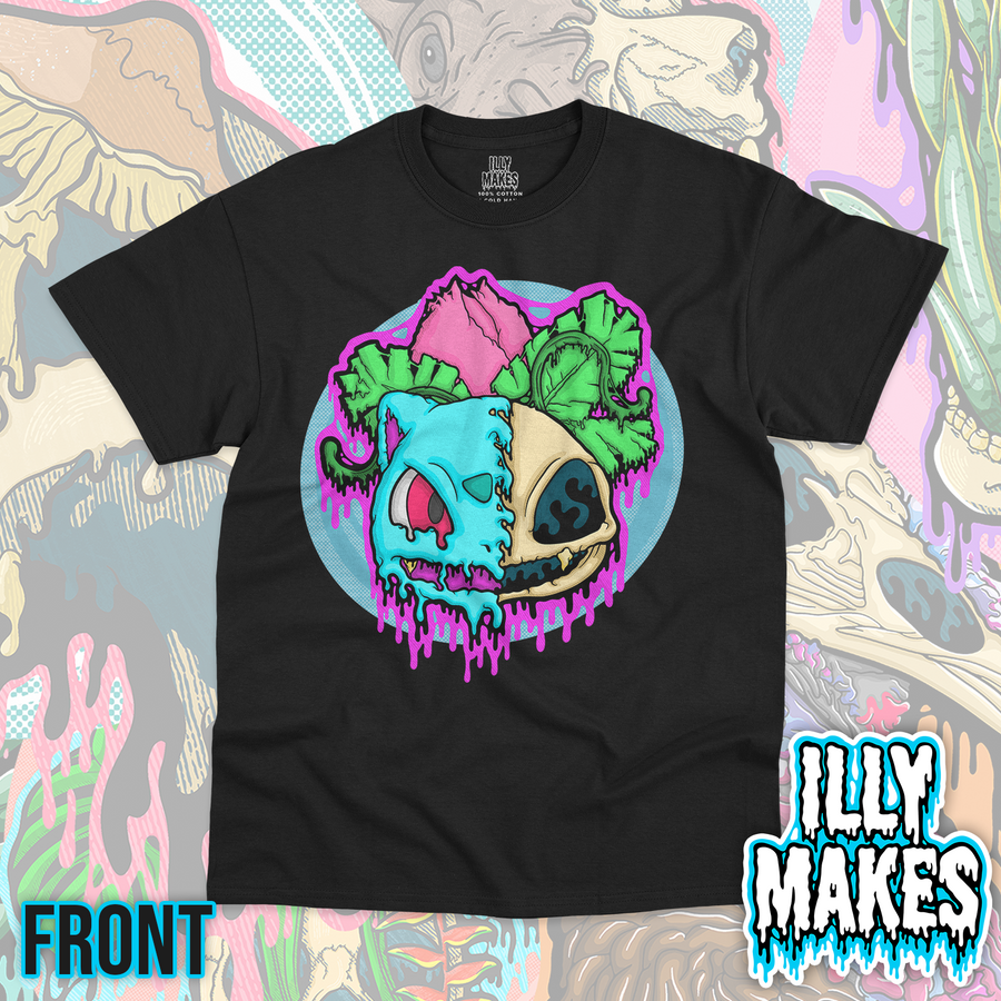 Black unisex tee featuring the Drippy Ivysaur Skull design by Illymakes, with a plant creature skull, leafy details, a flower bud, and bold dripping accents.