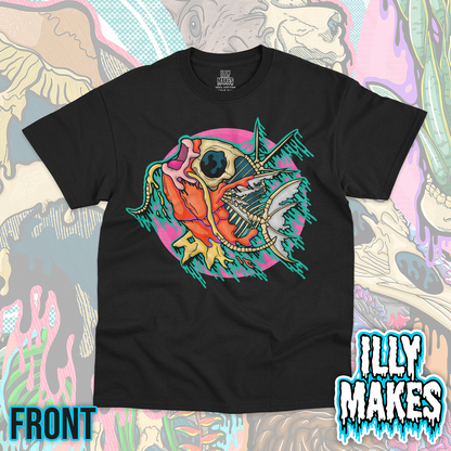 Black unisex tee featuring the Drippy Magikarp Skeleton design by Illymakes, with an orange fish-inspired skeleton, bold aquatic details, and dripping accents.
