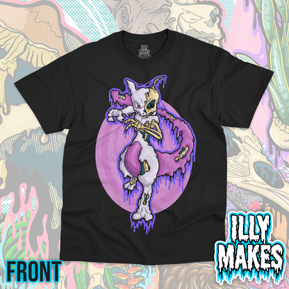 Black unisex tee featuring the Drippy Mewtwo Skeleton design by Illymakes, with a sci-fi creature skeleton, purple dripping details, and a lighter purple circular background.
