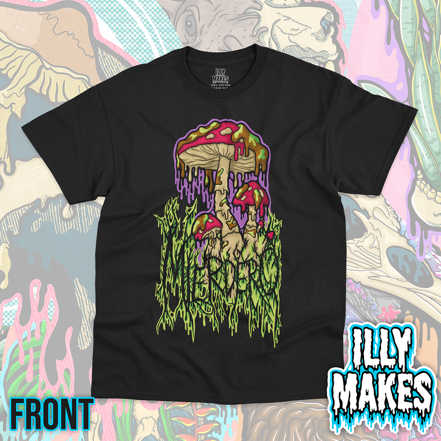Black unisex tee featuring the Drippy MIERDERO design by Illymakes for Sunfyre, with red mushrooms, purple drips, green grass lettering, and bold festival-inspired artwork.