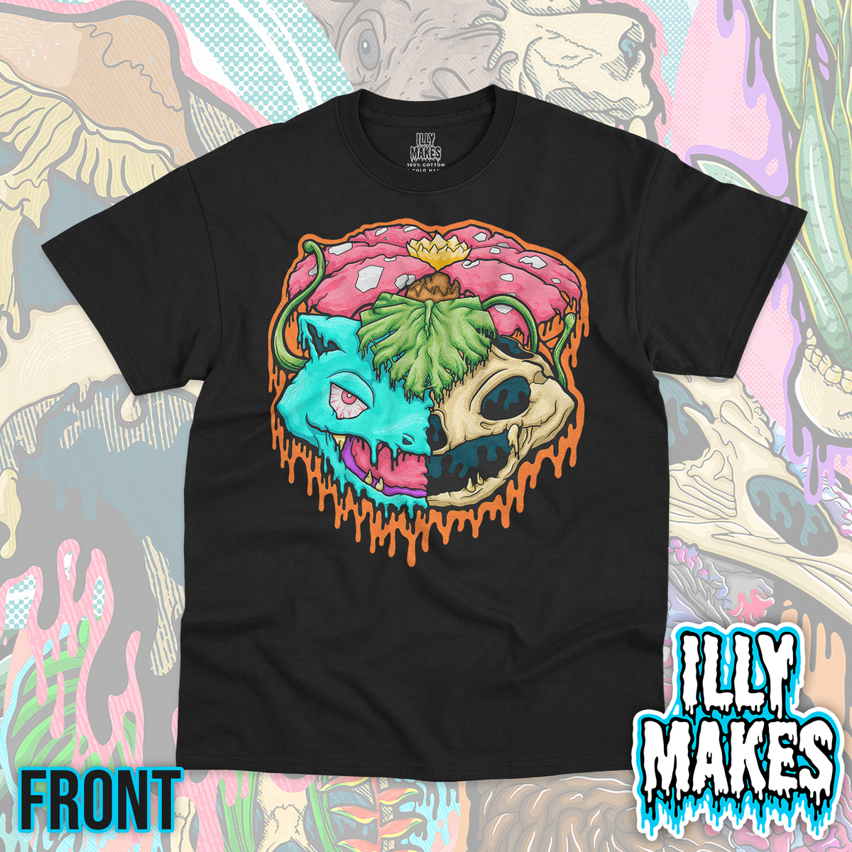 Black unisex tee featuring the Drippy Venusaur Skull design by Illymakes, with a large plant creature skull, leafy botanical details, a bold flower, and dripping accents.