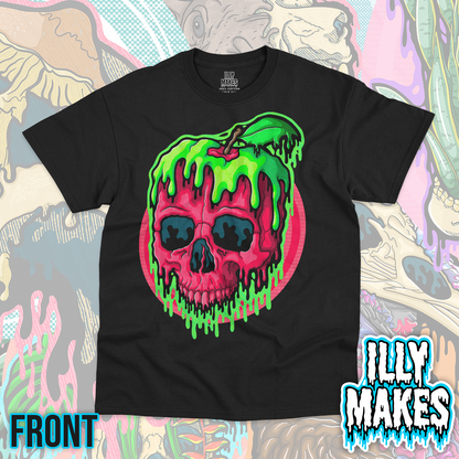 Black unisex tee featuring the Drippy Poison Apple Skull design by Illymakes, with a red apple shaped like a skull, green poison drips, and a green leaf.