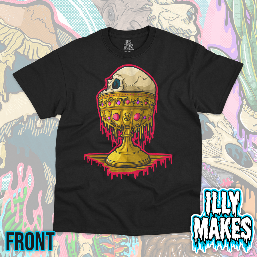 Black unisex tee featuring the Drippy Relic Skull design by Illymakes, with a weathered skull resting in an ornate golden jeweled relic and vivid pink dripping details.
