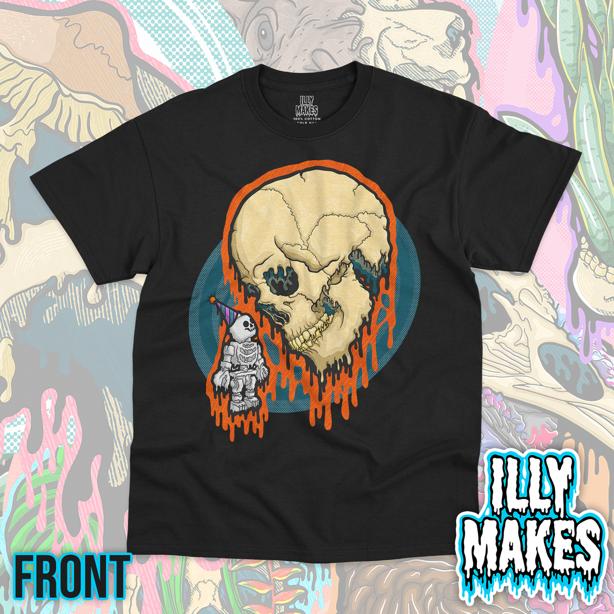 Black unisex tee featuring the Drippy Mini Skull design by Illymakes, with a large cream skull, orange dripping details, teal circular background, and a tiny skeleton wearing a colorful birthday party hat.