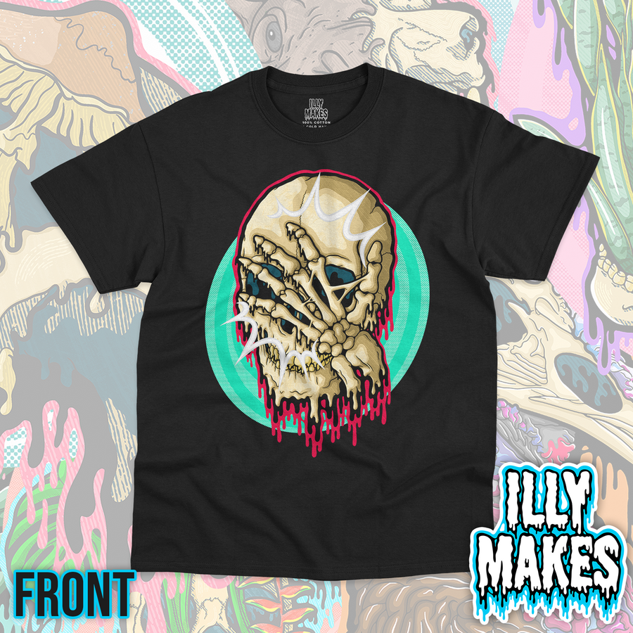 Black unisex tee featuring the Drippy Face Palm Skull design by Illymakes, with a cream skull covered by skeletal hands, white impact lines, pink dripping details, and a teal circular background.