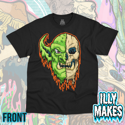 Black unisex tee featuring the Drippy Ogre Skull design by Illymakes, with a vivid green ogre face, exposed cream skull, tusks, sharp teeth, and bold orange dripping details.