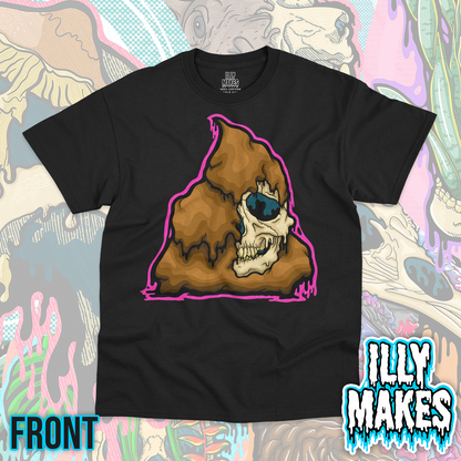Black unisex tee featuring the Drippy Stinky Skull design by Illymakes, with a cream skull emerging from a brown dripping pile and surrounded by a bright pink outline.