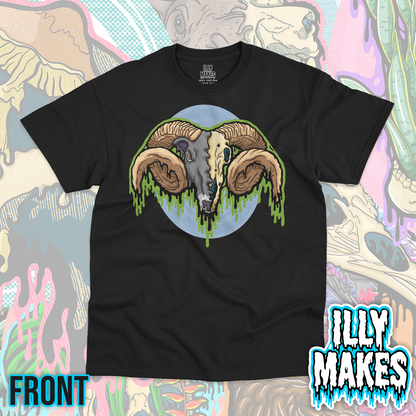 Black unisex tee featuring the Drippy Ram Skull design by Illymakes, with a split ram skull, large curled horns, green drips, and a light blue circular background.