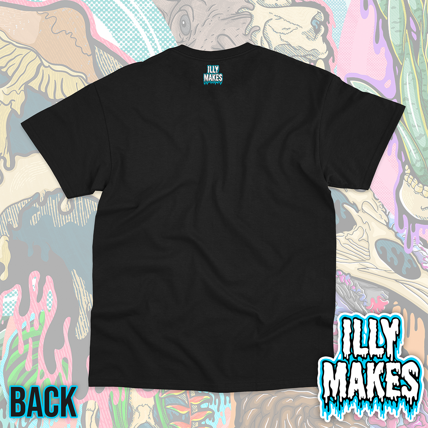 Back of a plain black unisex tee with a small Illymakes logo printed at the top center below the collar.