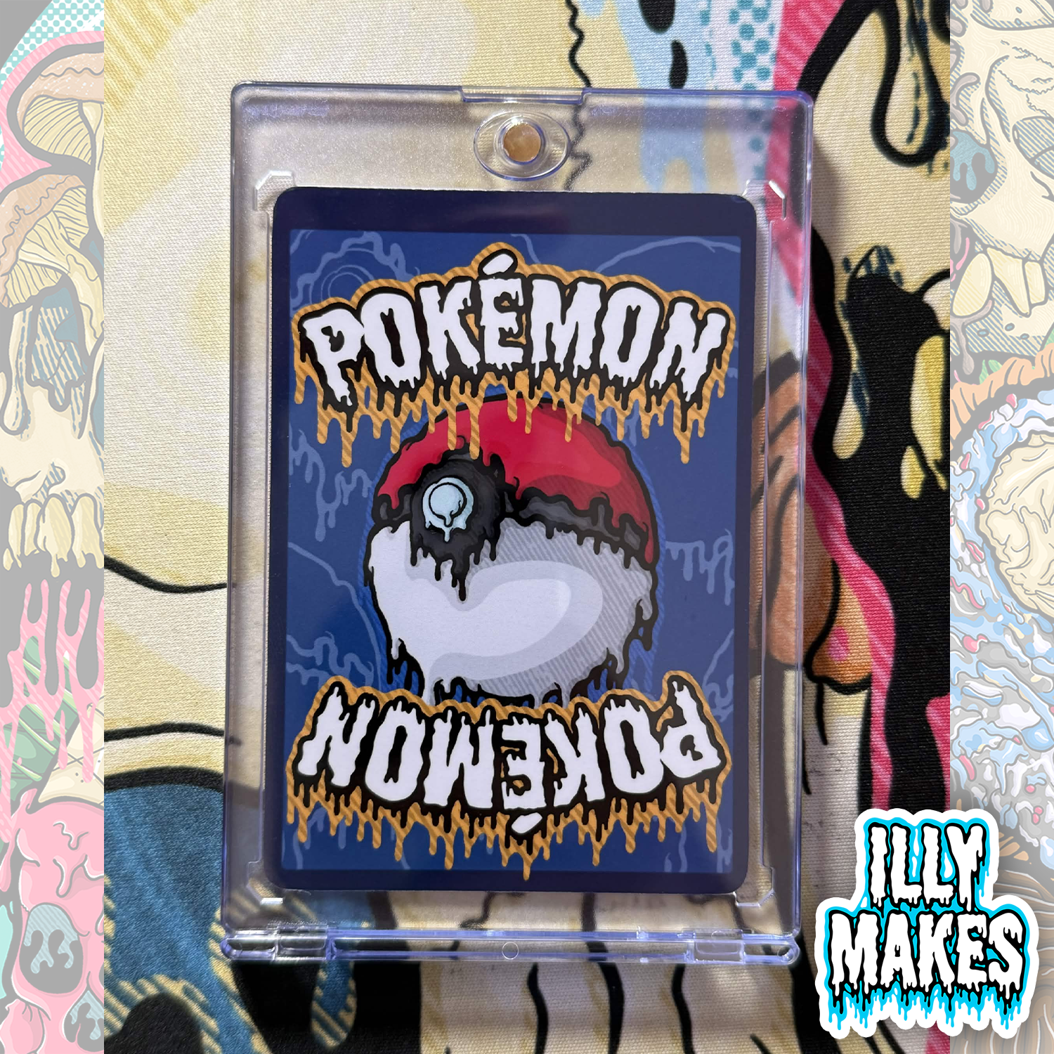Custom backing art sealed inside a clear magnetic slab case for collecting and display.