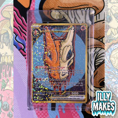 Handmade Drippy Charizard Skull EX-style custom trading card with fire-type skull artwork, wings, gold-style border, holographic finish, and magnetic slab case.