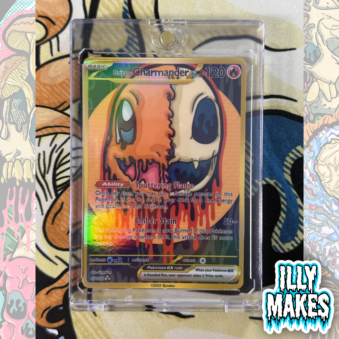Handmade Drippy Charmander Skull EX-style custom trading card with fire-type skull artwork, gold-style border, holographic finish, and magnetic slab case.