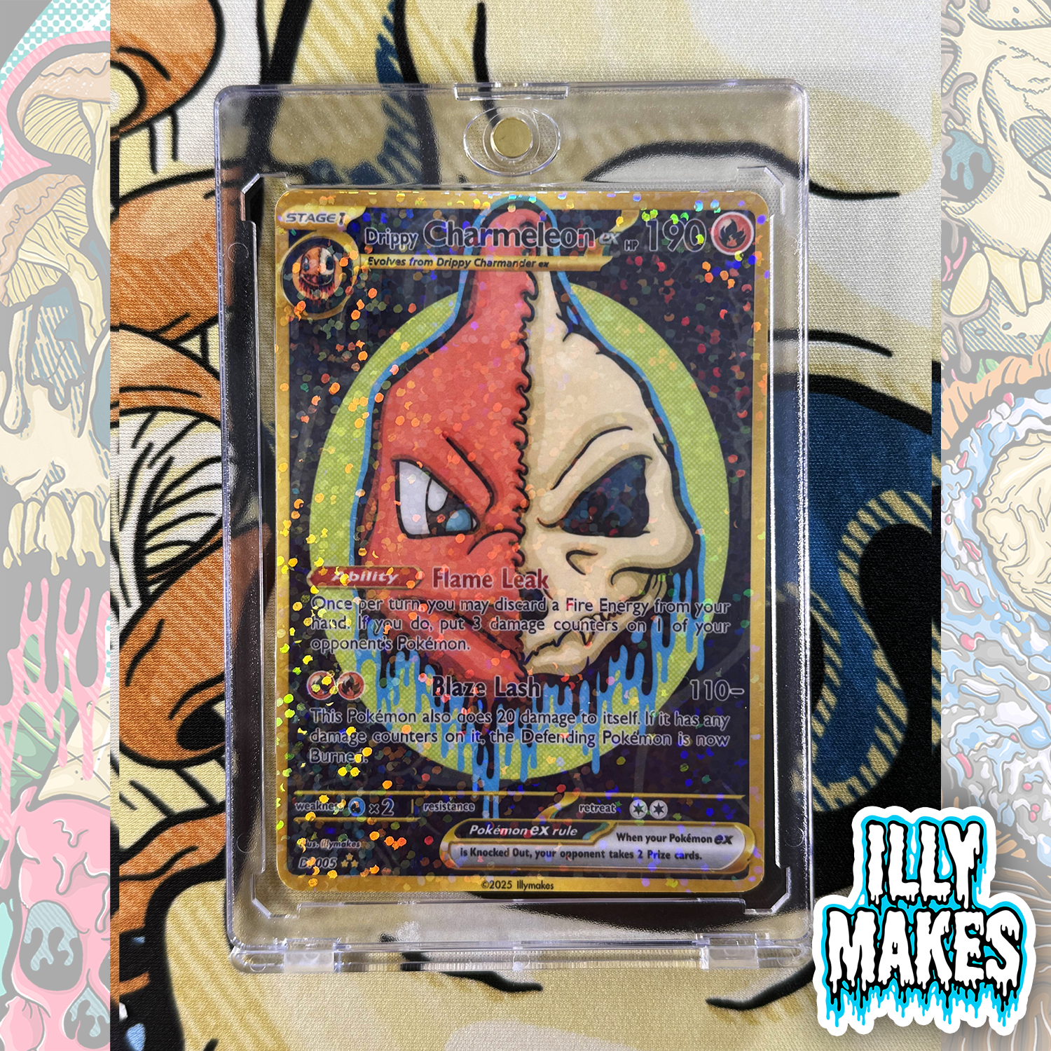Handmade Drippy Charmeleon Skull EX-style custom trading card with fire-type skull artwork, gold-style border, holographic finish, and magnetic slab case.