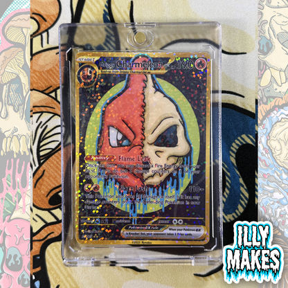 Handmade Drippy Charmeleon Skull EX-style custom trading card with fire-type skull artwork, gold-style border, holographic finish, and magnetic slab case.