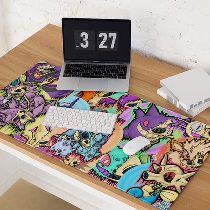 Large Drippy Pokémon Skull Collage mousepad covering a wooden desk beneath a laptop, white keyboard, and white mouse.