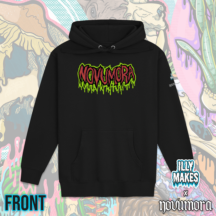Black unisex hoodie featuring a drippy NOVUMORA logo design by Illymakes, with red lettering, black shadows, and bright green dripping details on the front.