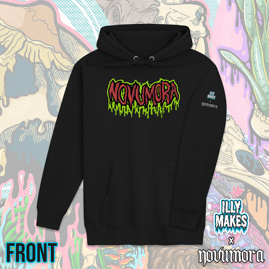 Angled front view of a black NOVUMORA x Illymakes collab hoodie with a drippy NOVUMORA logo on the chest and small Illymakes x NOVUMORA sleeve detail.