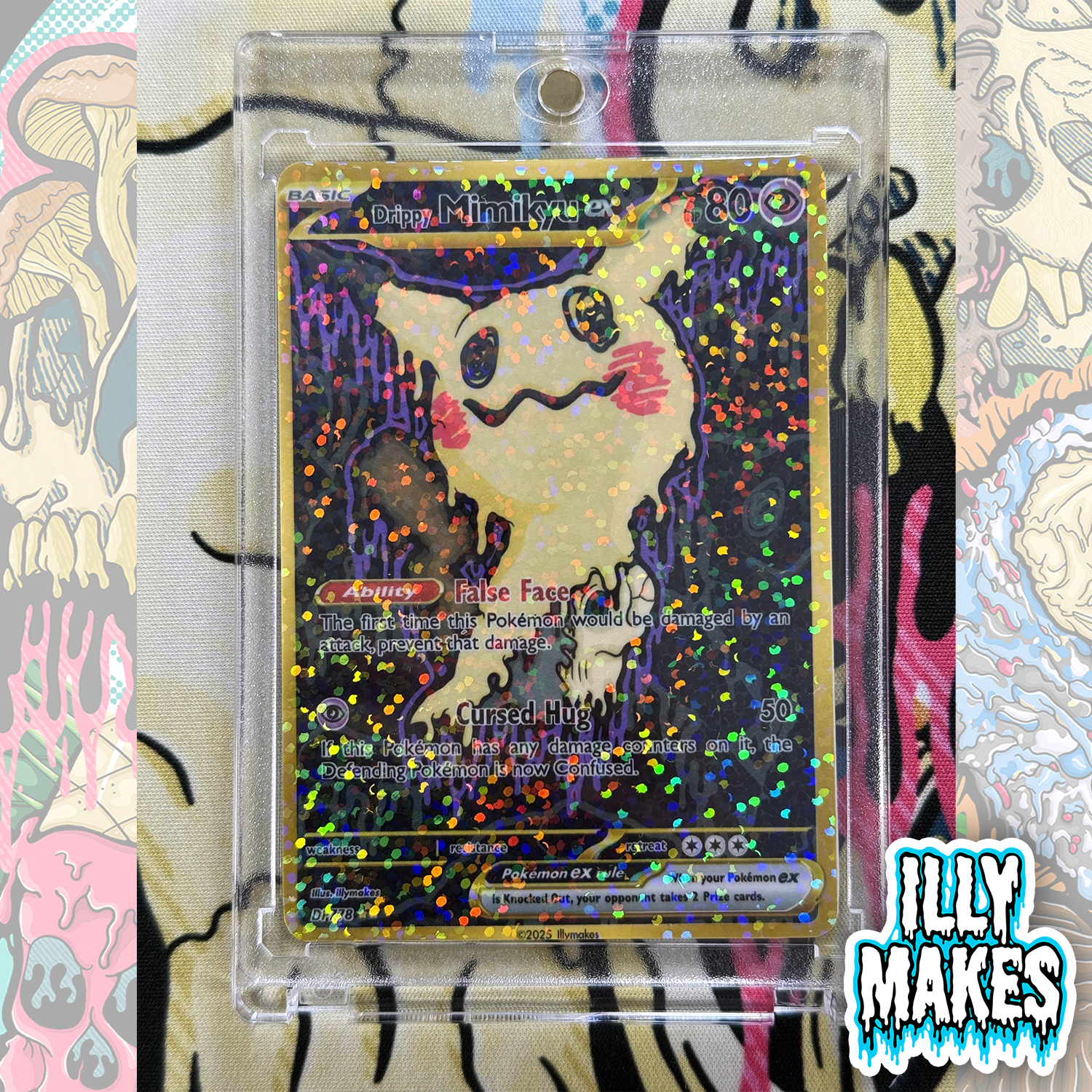 Handmade Drippy Mimikyu Skull EX-style custom trading card with spooky skull artwork, gold-style border, holographic finish, and magnetic slab case.