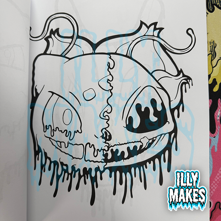 Interior coloring page from Drippy Little Monsters featuring a cute drippy pumpkin-style monster skull illustration with bold black line art.