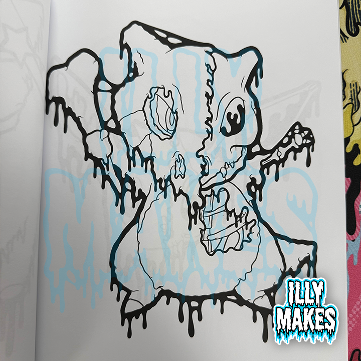Interior coloring page from Drippy Little Monsters featuring a creepy cute drippy monster skull with large ears, stitched details, and bold black outlines.