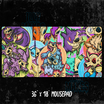 Full view of the colorful Drippy Pokémon Skull Collage mousepad on a textured black background, labeled 36 × 18 inches.