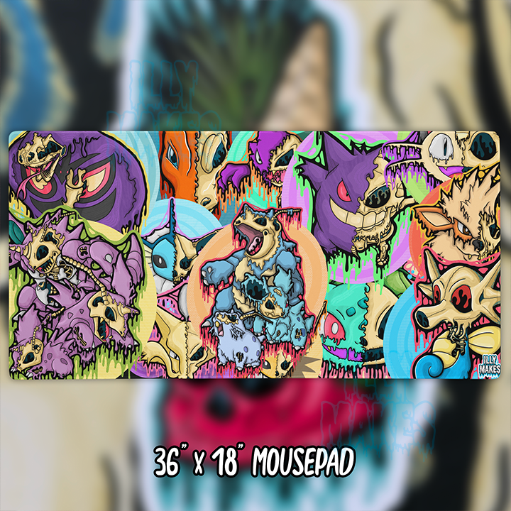 Wide Drippy Pokémon Skull Collage mousepad over a blurred colorful artwork background, with a 36 × 18-inch size label.