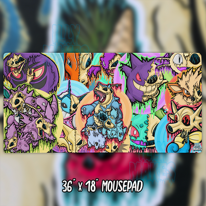 Wide Drippy Pokémon Skull Collage mousepad over a blurred colorful artwork background, with a 36 × 18-inch size label.