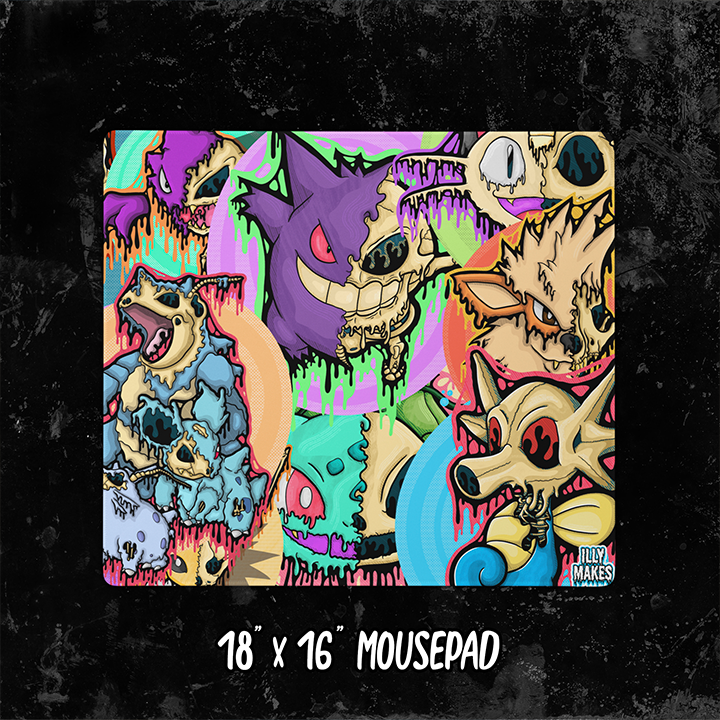 Full view of the Drippy Pokémon Skull Collage mousepad on a textured black background, labeled 18 × 16 inches.