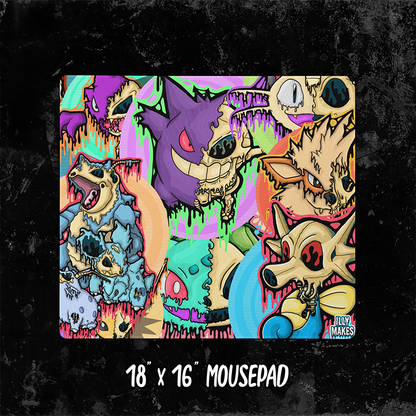 Full view of the Drippy Pokémon Skull Collage mousepad on a textured black background, labeled 18 × 16 inches.