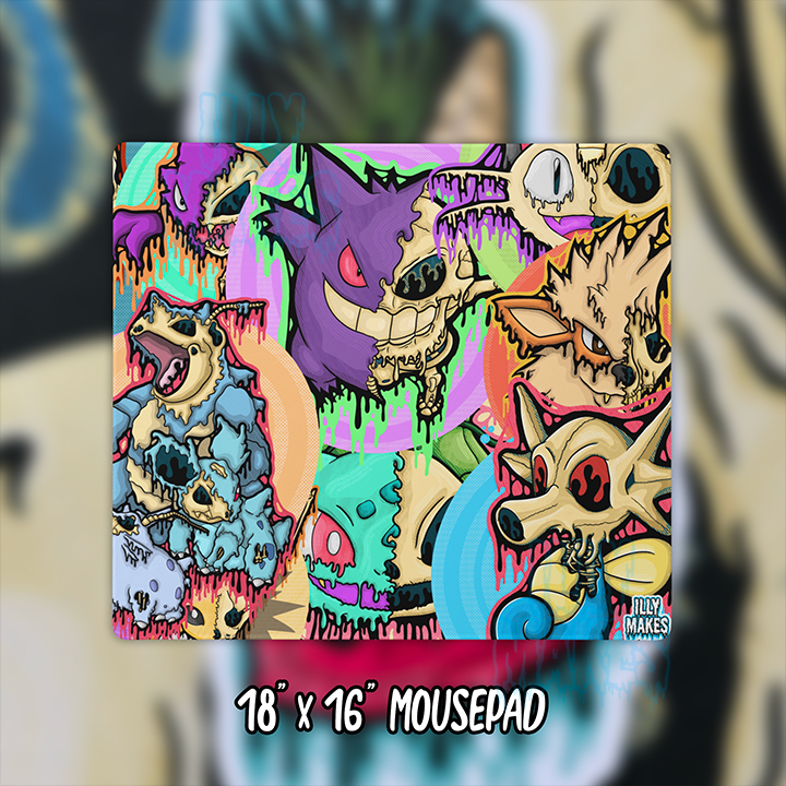 Compact Drippy Pokémon Skull Collage mousepad over a blurred colorful artwork background, with an 18 × 16-inch size label.