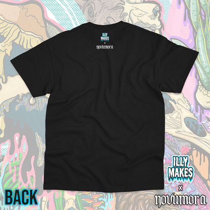 Back of a plain black unisex tee with small Illymakes and NOVUMORA logos printed at the top center below the collar.