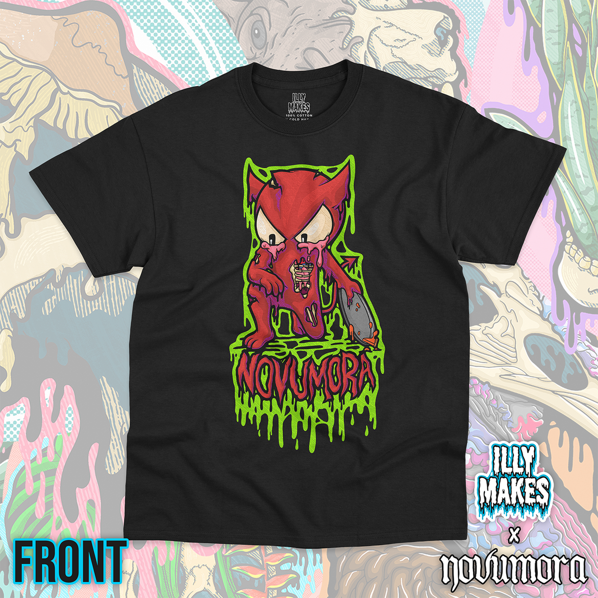 Black unisex tee featuring the Shecky Lost His Pie design by Illymakes for NOVUMORA, with a red drippy mascot character holding a pie and bold green dripping lettering.