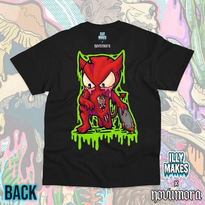 Back of a black unisex tee featuring Shecky, NOVUMORA’s red mascot, with green dripping details, a fallen pie, and small Illymakes x NOVUMORA logos below the collar.