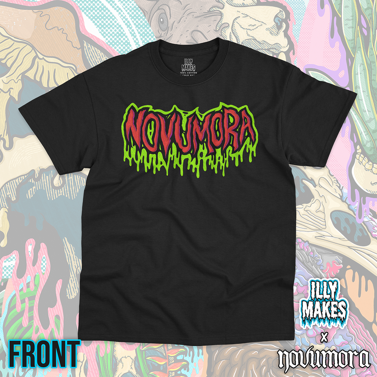 Black unisex tee featuring a drippy NOVUMORA logo design by Illymakes, with red lettering, black shadows, and bright green dripping details.
