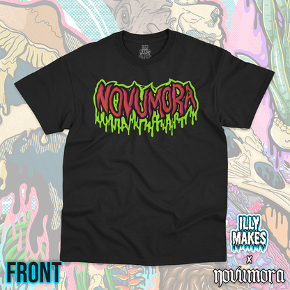 Black unisex tee featuring a drippy NOVUMORA logo design by Illymakes, with red lettering, black shadows, and bright green dripping details.