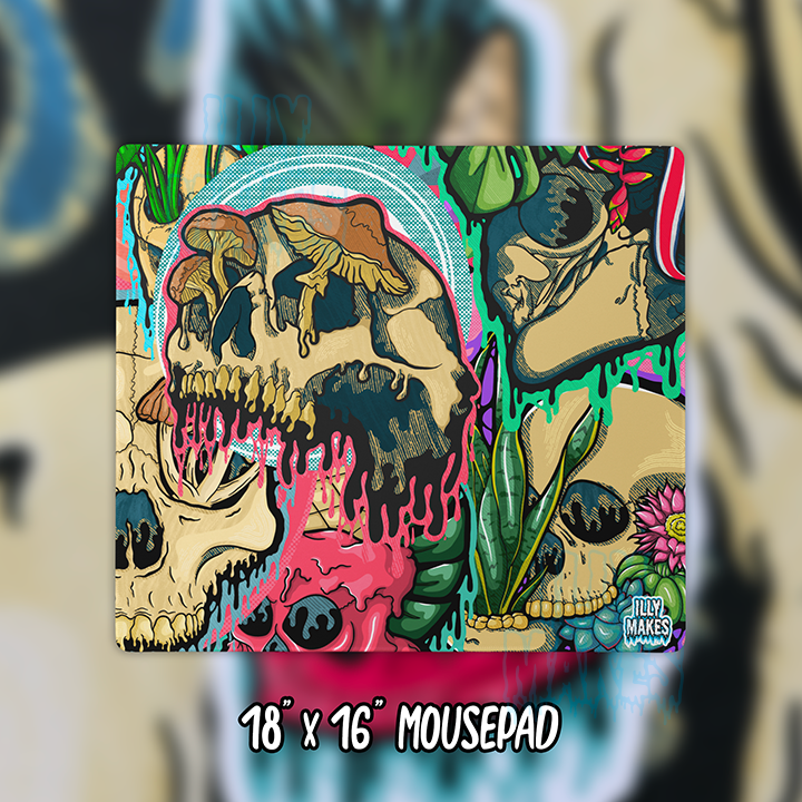 Illymakes gaming mousepad with a colorful collage of dripping skulls, mushrooms, and florals, shown with a keyboard, mouse, and headphones. The text shows 18"x16" MOUSEPAD below.