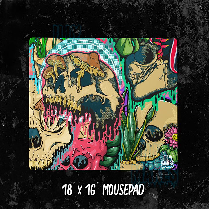 Illymakes gaming mousepad with a colorful collage of dripping skulls, mushrooms, and florals, shown with a keyboard, mouse, and headphones. The text shows 18"x16" MOUSEPAD below.