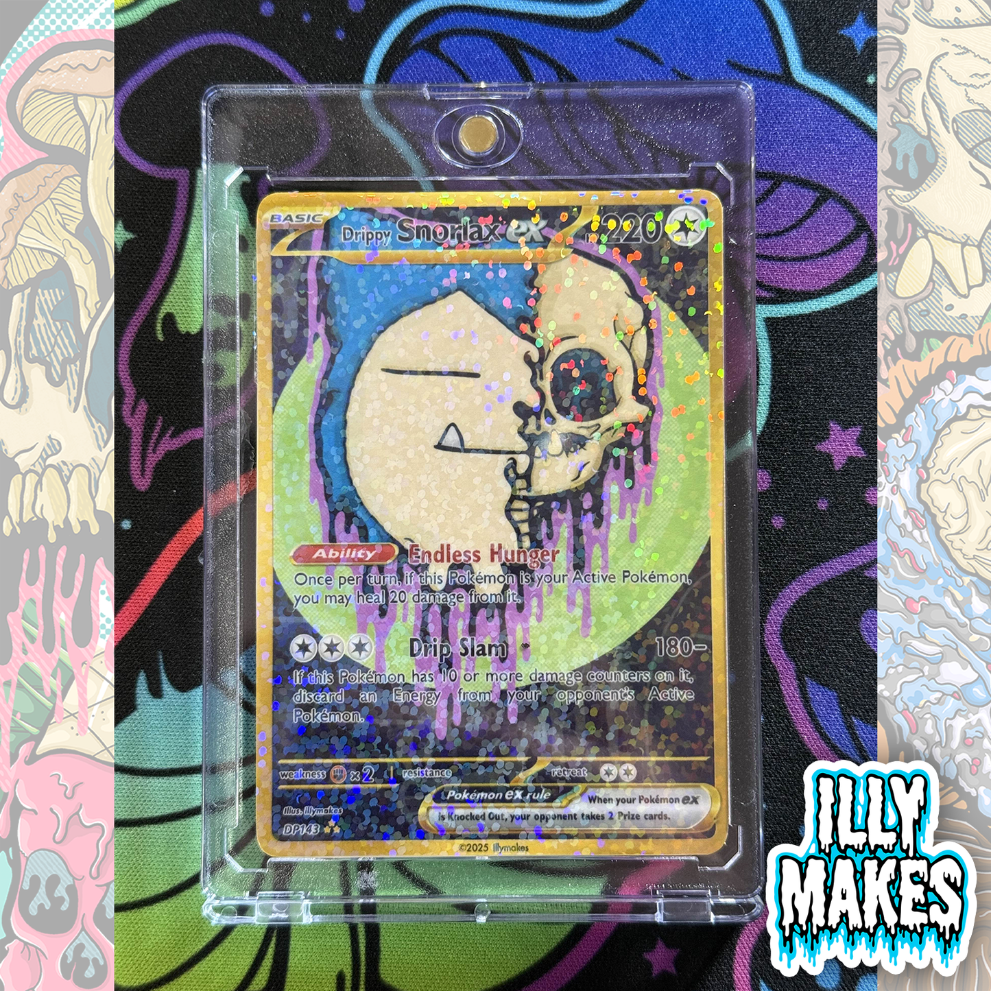 Handmade Drippy Snorlax Skull EX-style custom trading card with spooky skull artwork, gold-style border, holographic finish, and magnetic slab case.