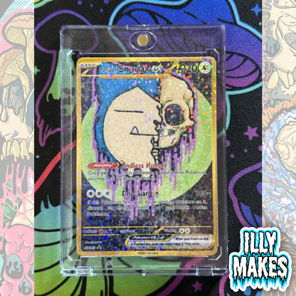 Handmade Drippy Snorlax Skull EX-style custom trading card with spooky skull artwork, gold-style border, holographic finish, and magnetic slab case.