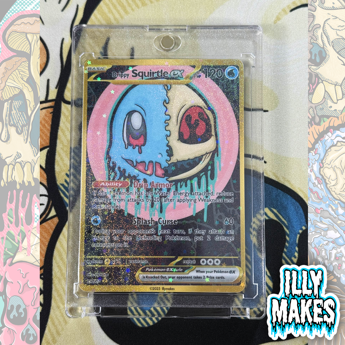 Handmade Drippy Squirtle Skull EX-style custom trading card with water-type skull artwork, gold-style border, holographic finish, and magnetic slab case.