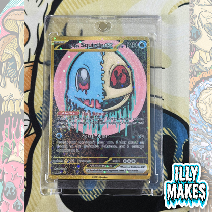 Handmade Drippy Squirtle Skull EX-style custom trading card with water-type skull artwork, gold-style border, holographic finish, and magnetic slab case.