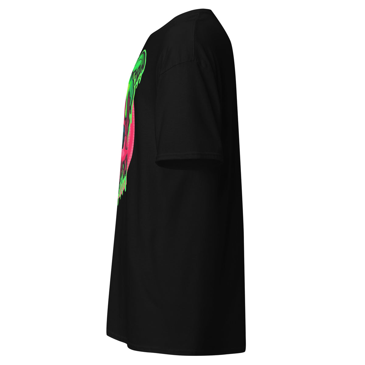 Left side view of the black unisex tee featuring the Drippy Poison Apple Skull design by Illymakes, with a red apple shaped like a skull, green poison drips, and a green leaf.